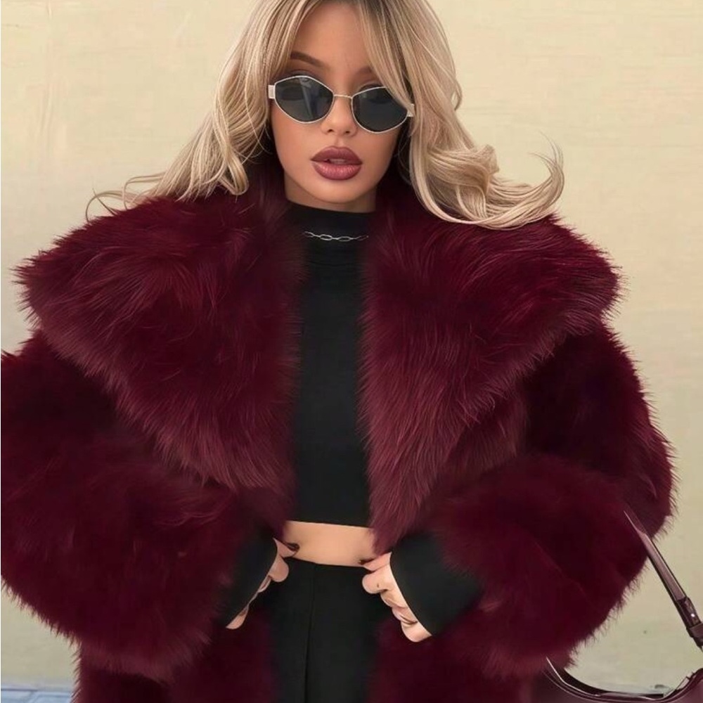 SHEIN Burgundy Plush Faux-Fur Coat for Women